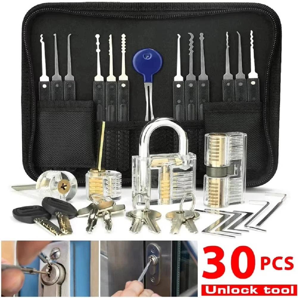 Lock Pick Set – 30 Picks, 2 Transparent Padlocks, Zip Case