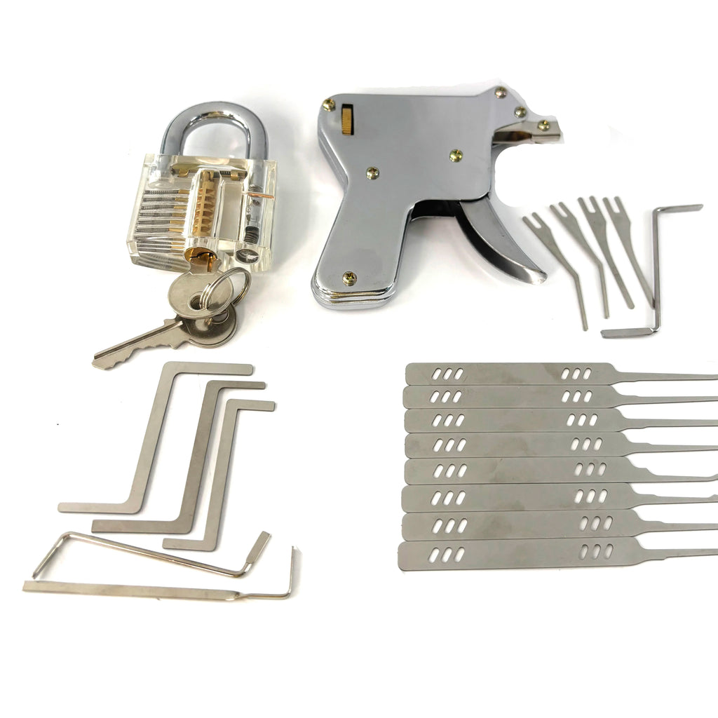 4-in-1 Beginner Training Kit – Picks, Tension Wrenches, Snap Gun & Transparent Padlock