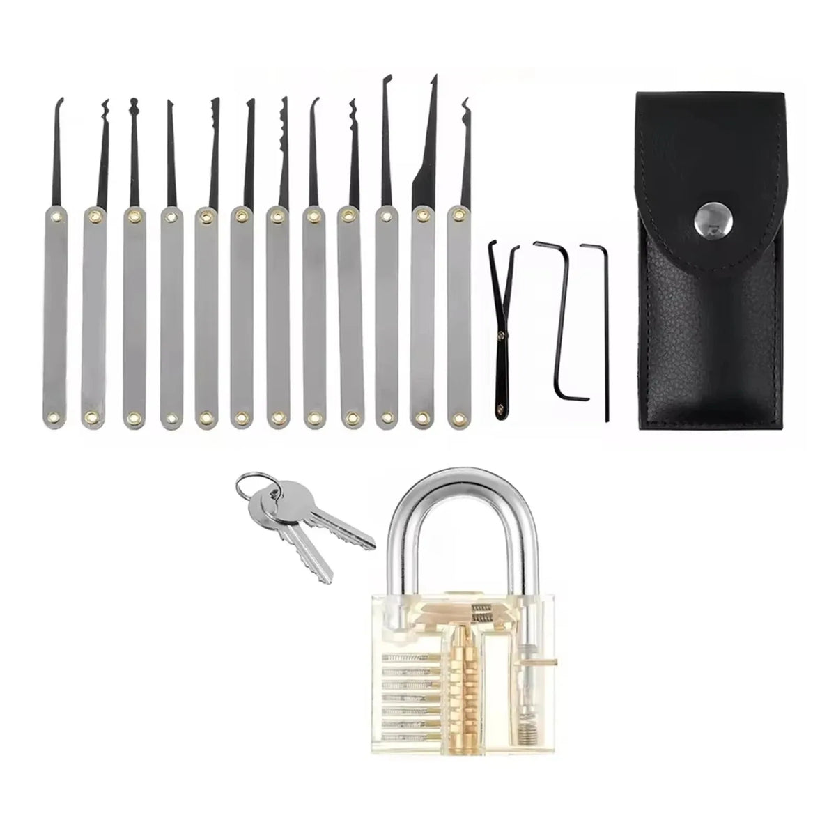 Starter Lock Pick Set – 15 Picks + Transparent Padlock + Pouch – image 2